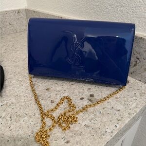 Saint Laurent Navy Patent Leather Chain Wallet with Gold Chain